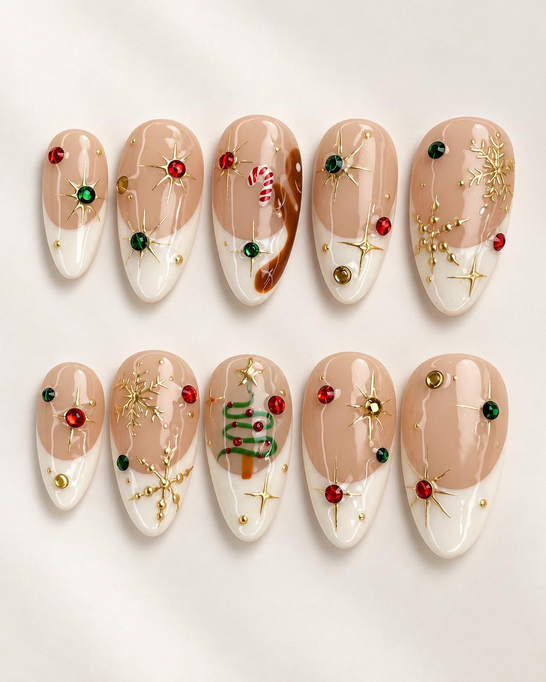 Christmas French Tip Nails with Gold Starbursts, Rhinestones, Candy Cane and Tree