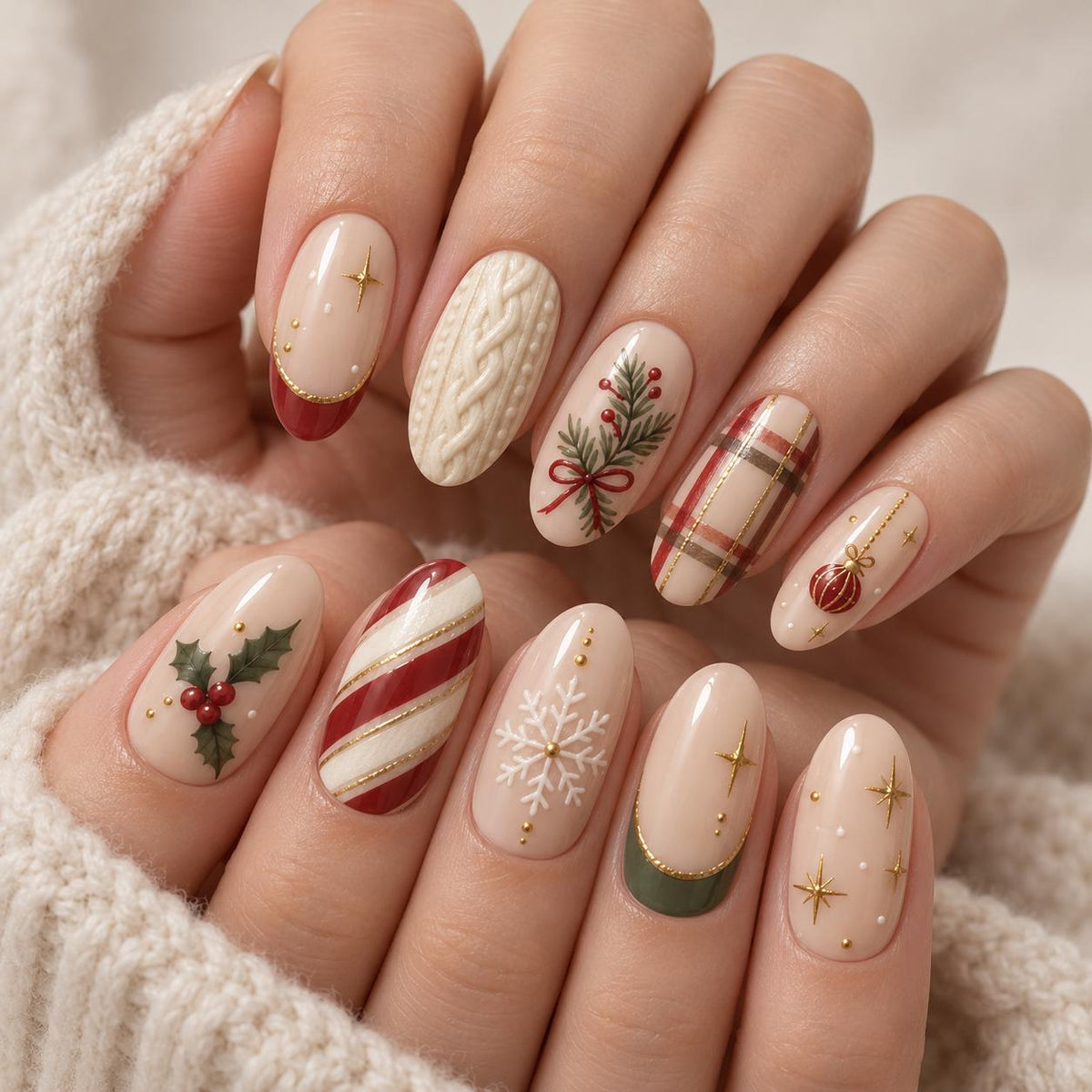 Christmas French Tip Nails With Holly, Candy Cane Stripes and Cable Knit Texture