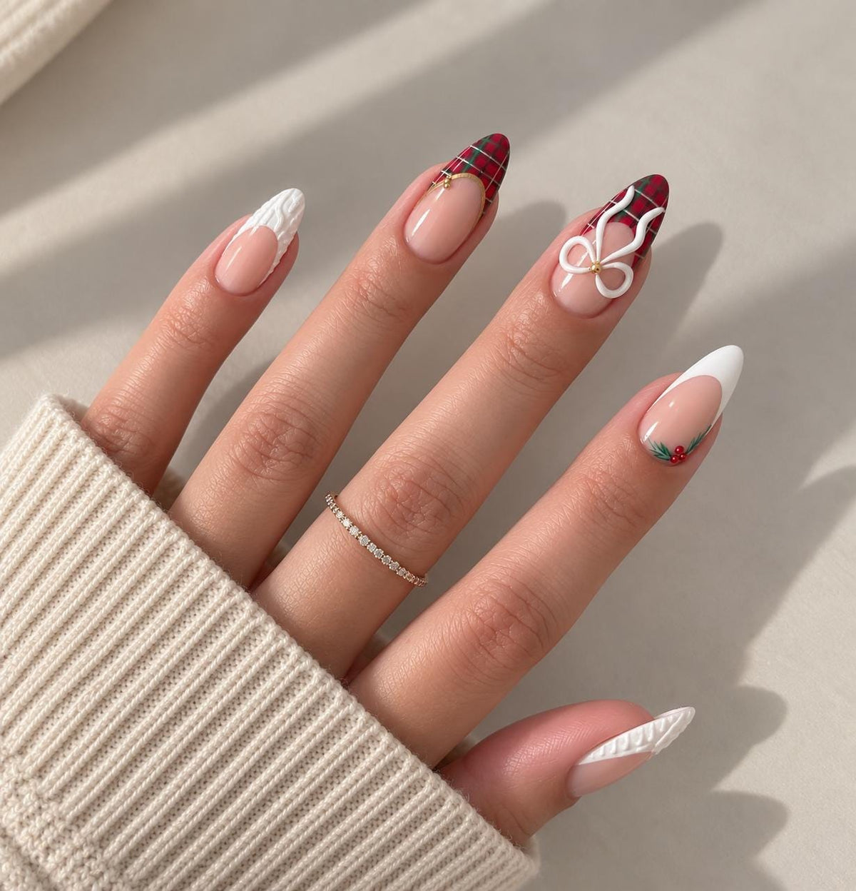 Christmas French Tip Nails with Red Plaid, Cable-Knit Details and Bows