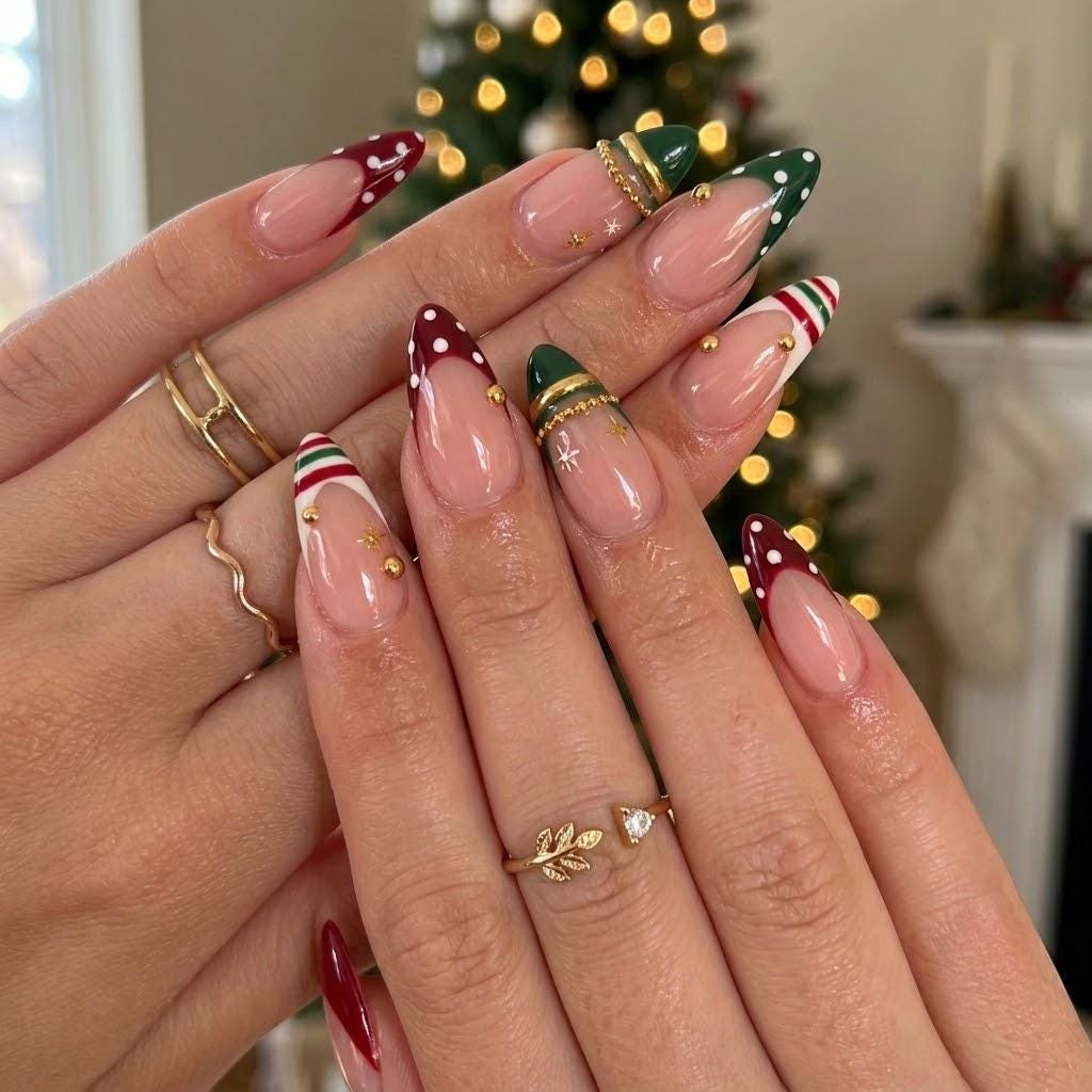 Christmas French Tip Press On Nails With Candy Cane Stripes, Polka Dots & Gold Accents