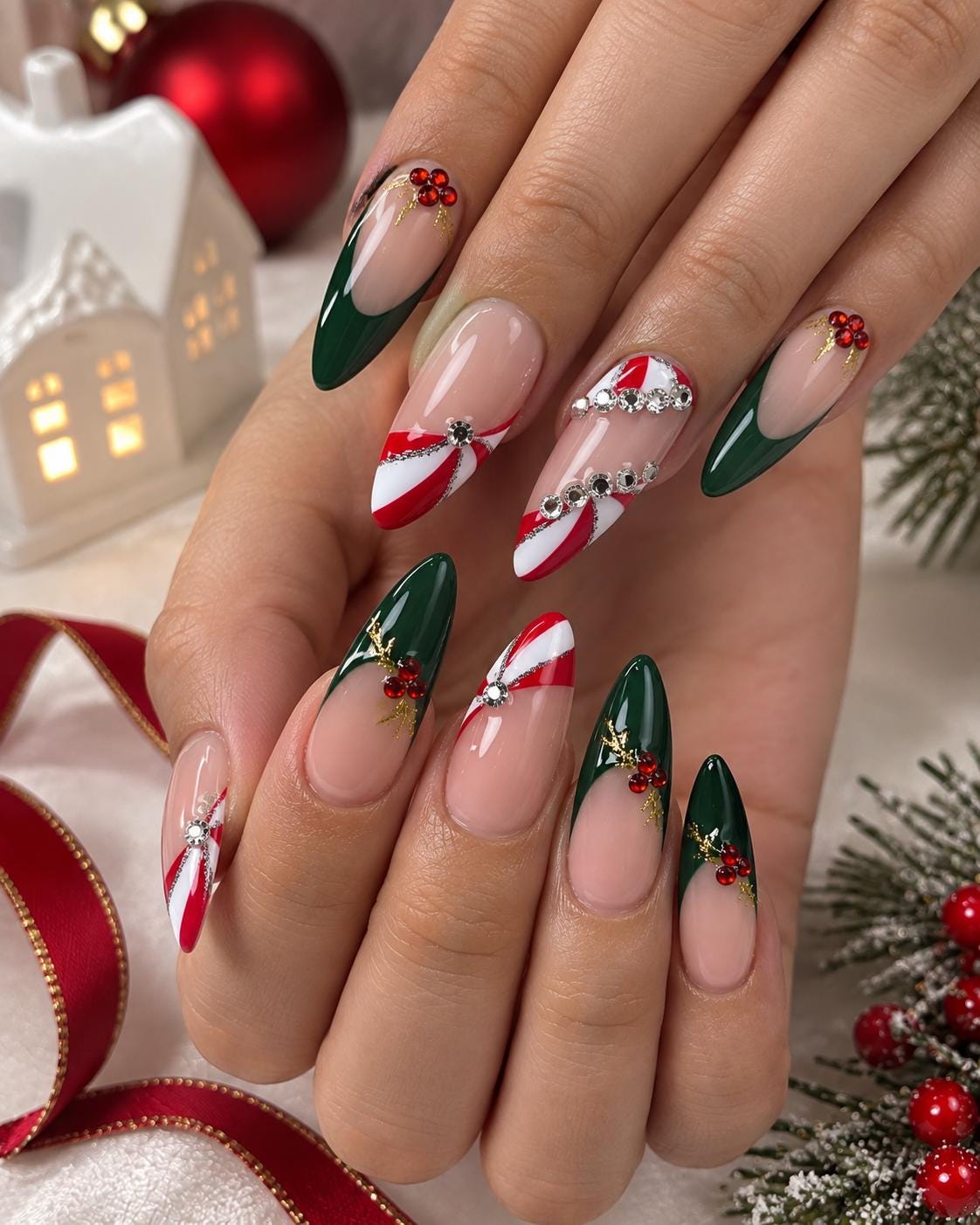 Christmas French Tip Press On Nails With Green Tips, Candy Cane Stripes, Berries & Rhinestones