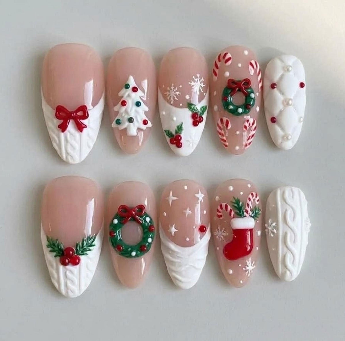 Christmas French Tip Press On Nails with Knit Texture, Bows, Wreaths and Candy Canes