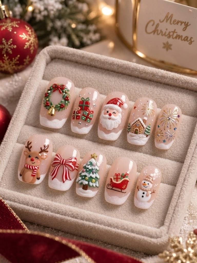 Christmas French Tip Press On Nails With Santa, Reindeer and Holiday Motifs