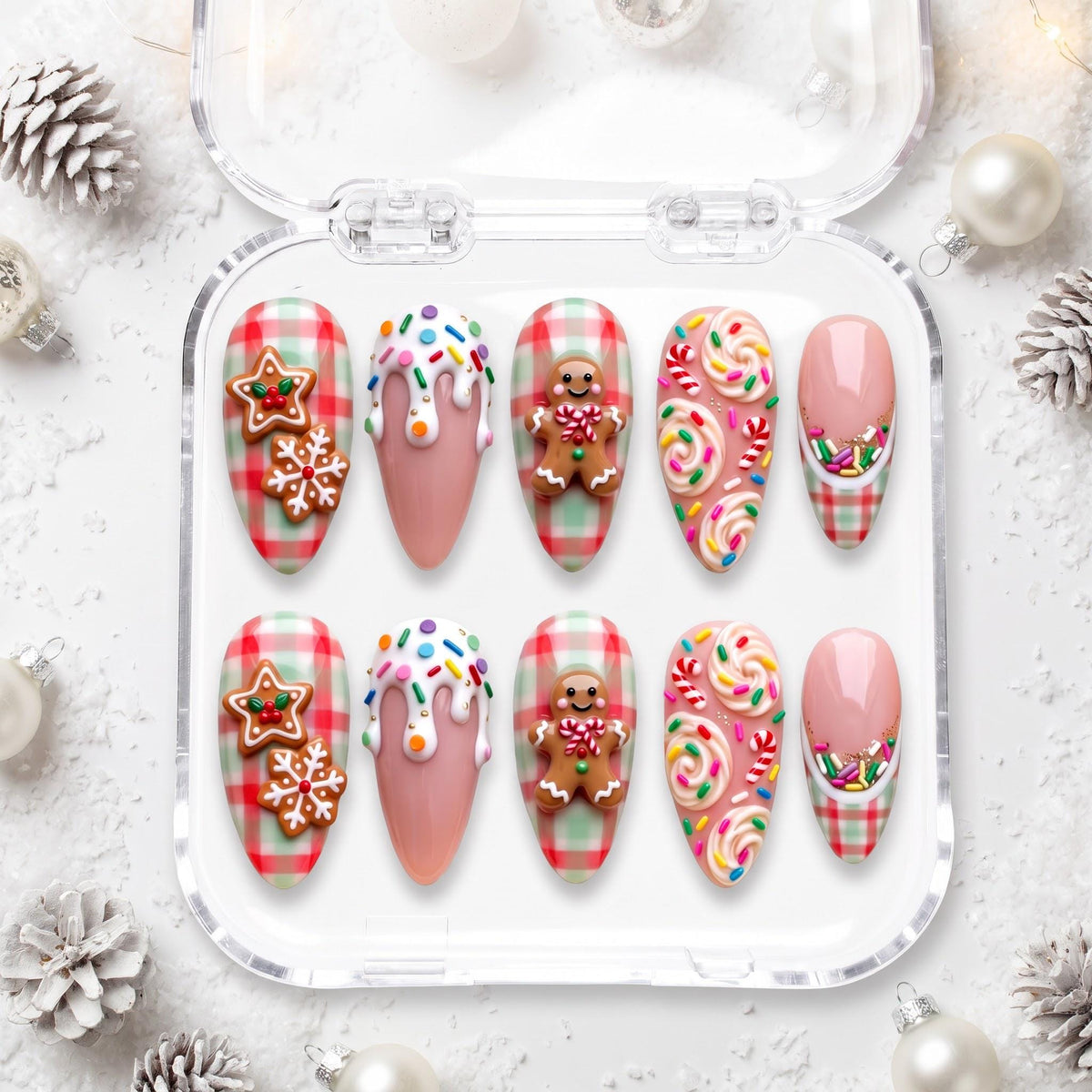 Christmas Gingerbread and Candy Gingham Press-On Nail Set