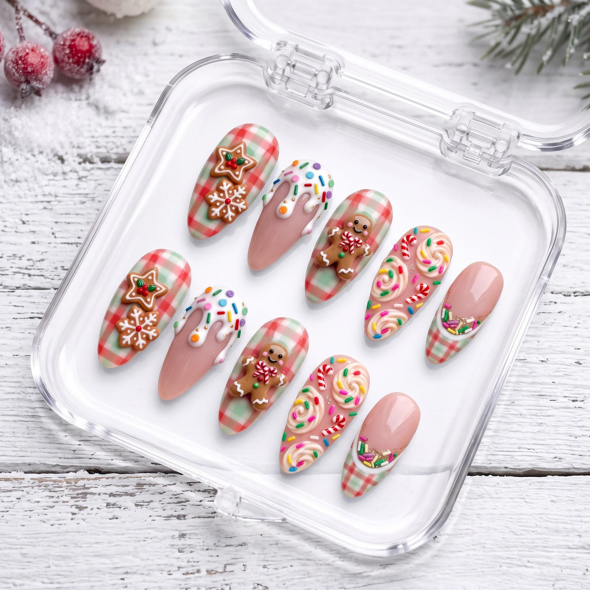 Christmas Gingerbread and Candy Gingham Press-On Nail Set