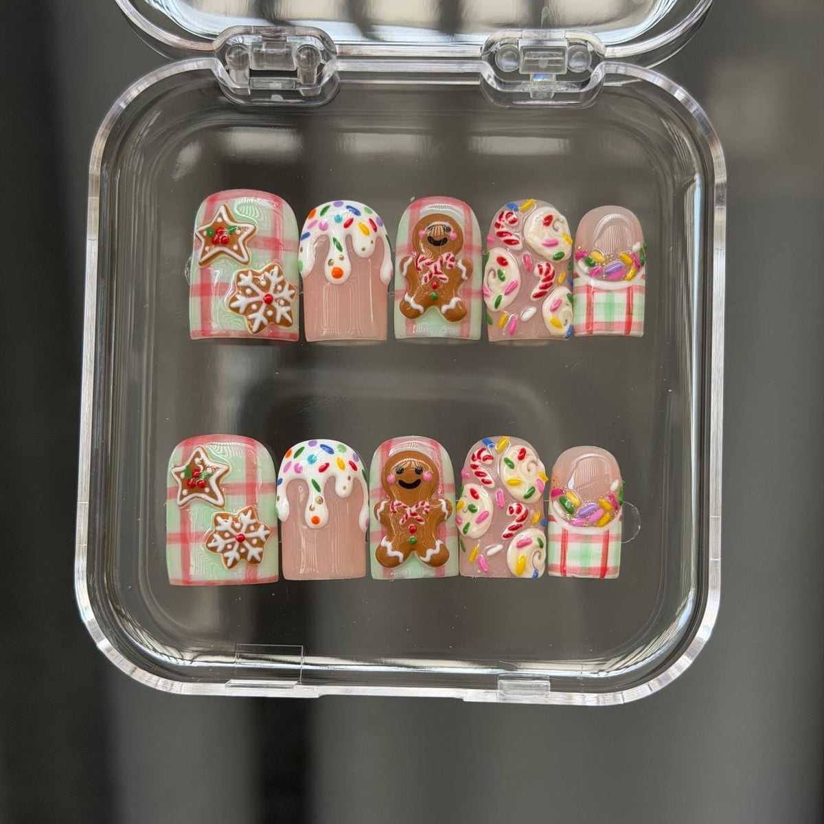 Christmas Gingerbread and Candy Gingham Press-On Nail Set