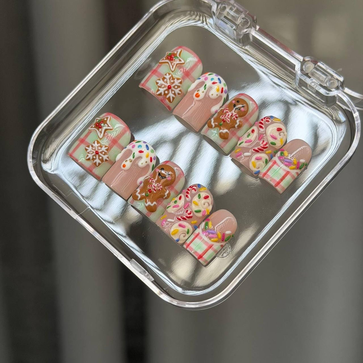 Christmas Gingerbread and Candy Gingham Press-On Nail Set