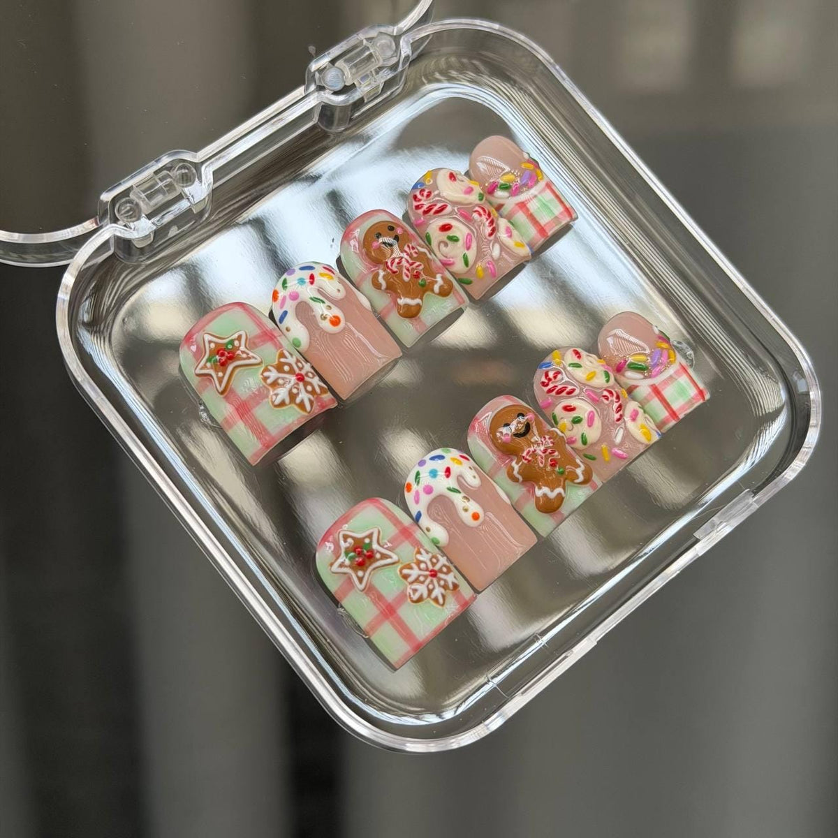 Christmas Gingerbread and Candy Gingham Press-On Nail Set