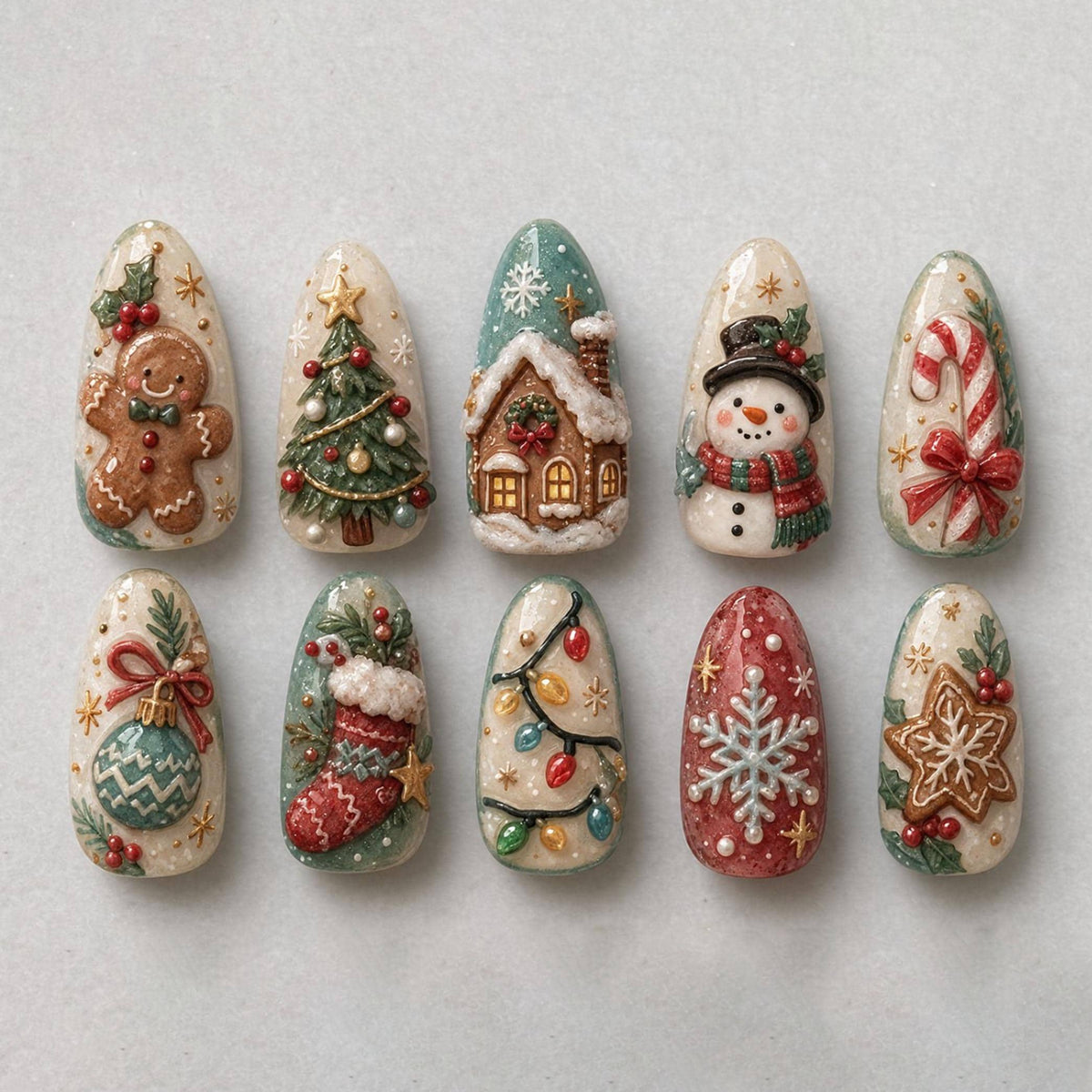 Christmas Gingerbread and Snowman Press On Nails With 3D Holiday Motifs