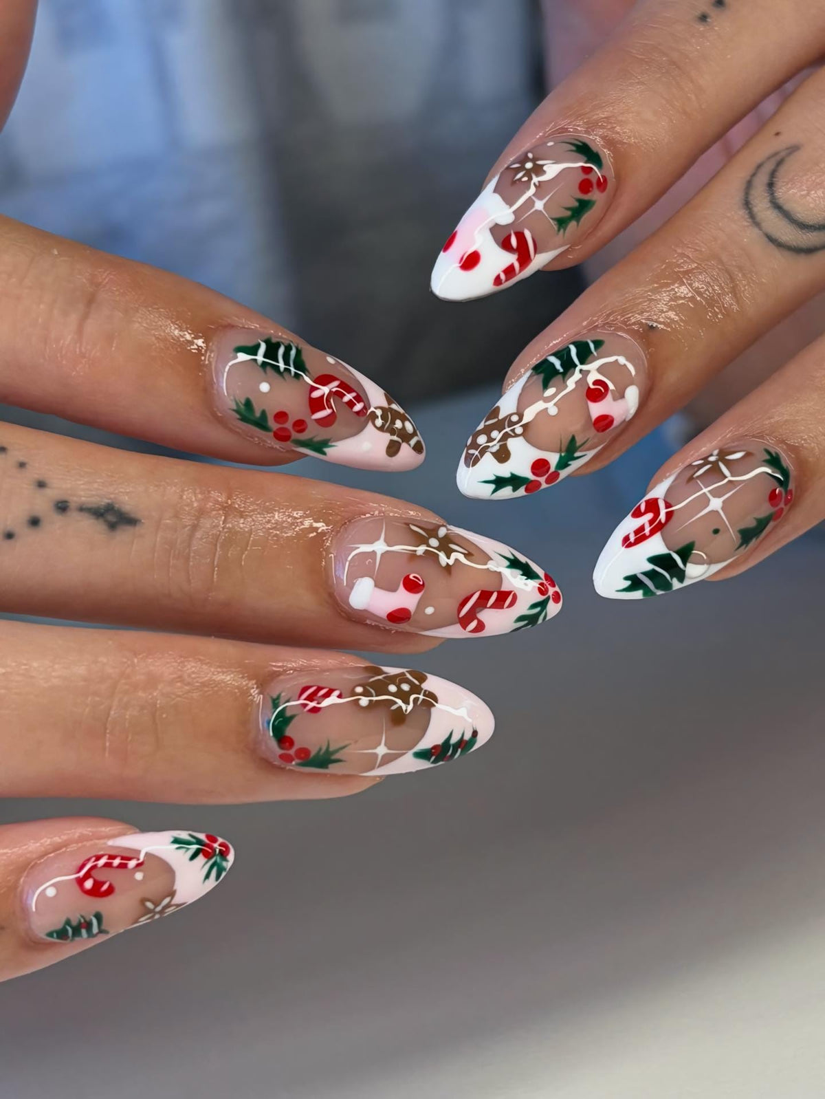 Christmas Gingerbread, Candy Cane and Holly French Tip Nail Set