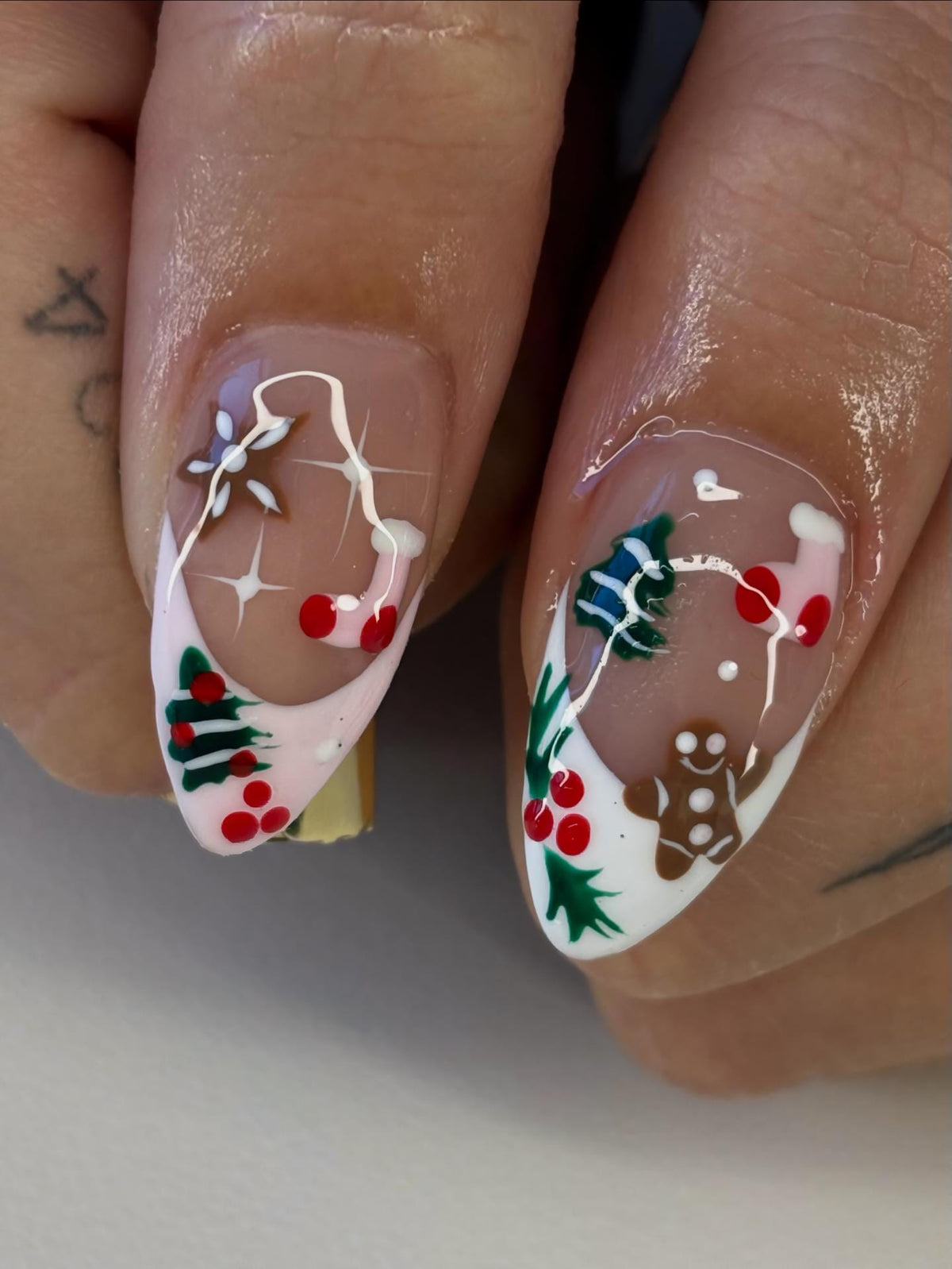 Christmas Gingerbread, Candy Cane and Holly French Tip Nail Set