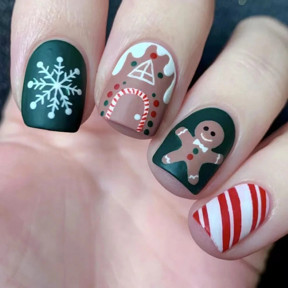 Christmas Gingerbread House and Snowflake Press On Nails