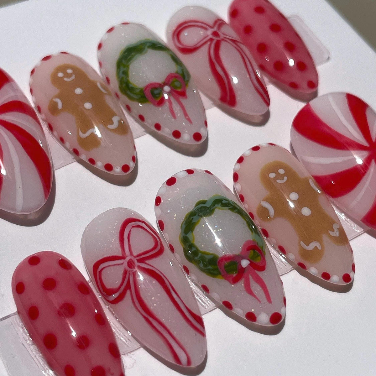 Christmas Gingerbread, Peppermint Swirl, Bow and Wreath Nail Set