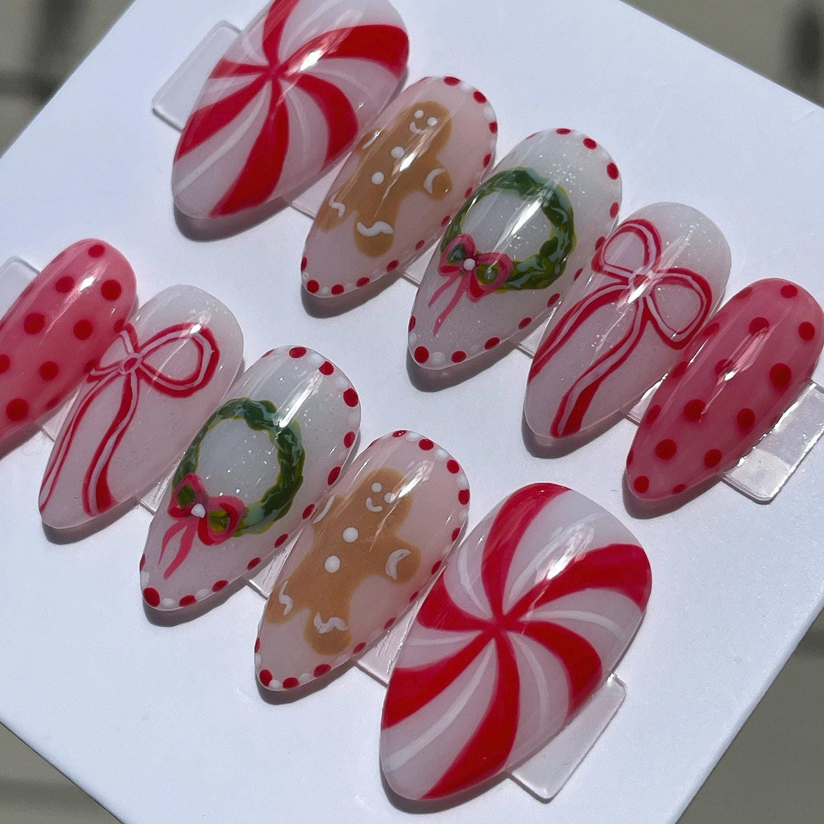 Christmas Gingerbread, Peppermint Swirl, Bow and Wreath Nail Set