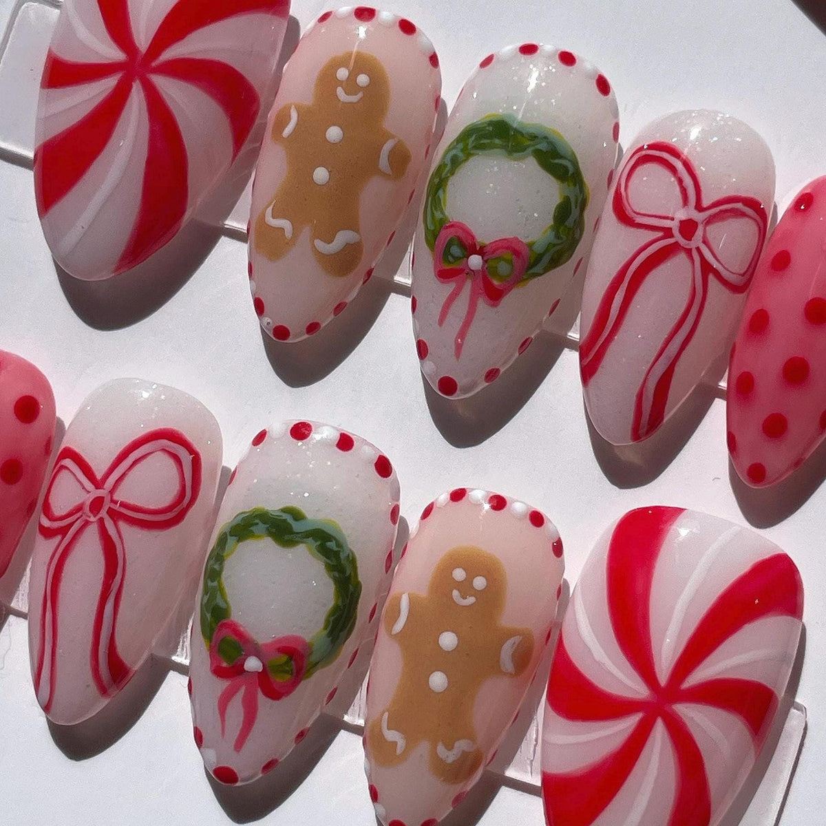 Christmas Gingerbread, Peppermint Swirl, Bow and Wreath Nail Set