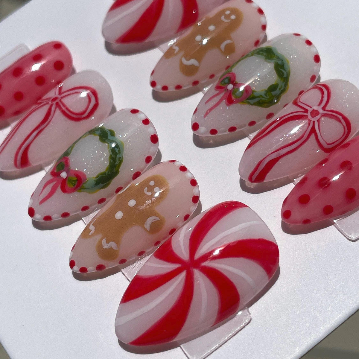 Christmas Gingerbread, Peppermint Swirl, Bow and Wreath Nail Set