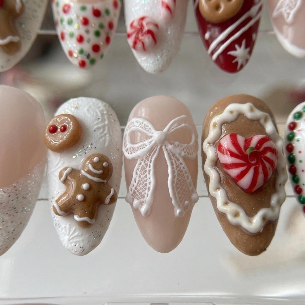 Christmas Gingerbread Press-On Nails with 3D Cookie Art and Lace Bows