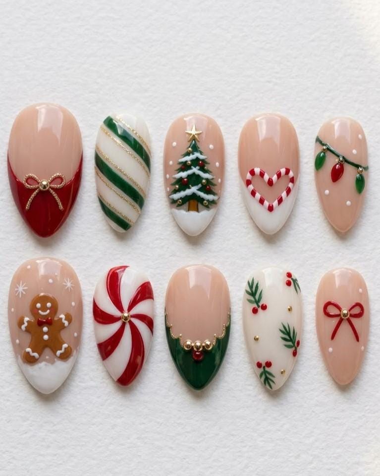 Christmas Gingerbread Press-On Nails With Candy Cane Stripes, Holly, Bows, and Tree Art