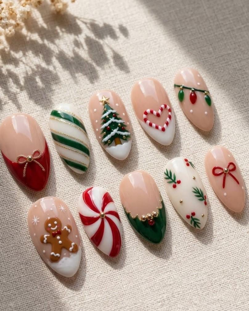 Christmas Gingerbread Press-On Nails With Candy Cane Stripes, Holly, Bows, and Tree Art