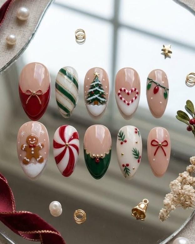 Christmas Gingerbread Press-On Nails With Candy Cane Stripes, Holly, Bows, and Tree Art