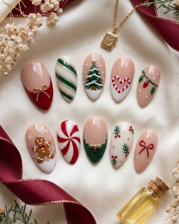 Christmas Gingerbread Press-On Nails With Candy Cane Stripes, Holly, Bows, and Tree Art