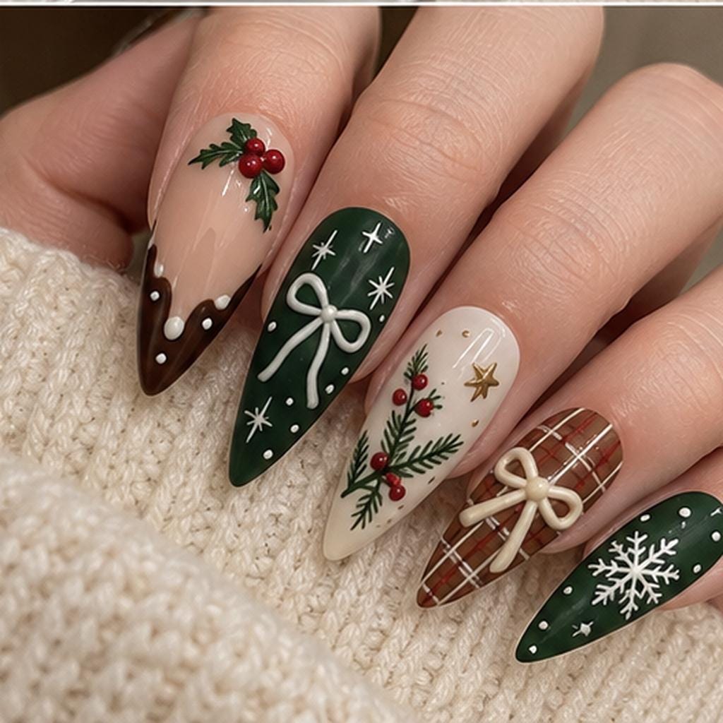 Christmas Gingerbread Press On Nails With Holly, Plaid, Snowflakes and 3D Bows