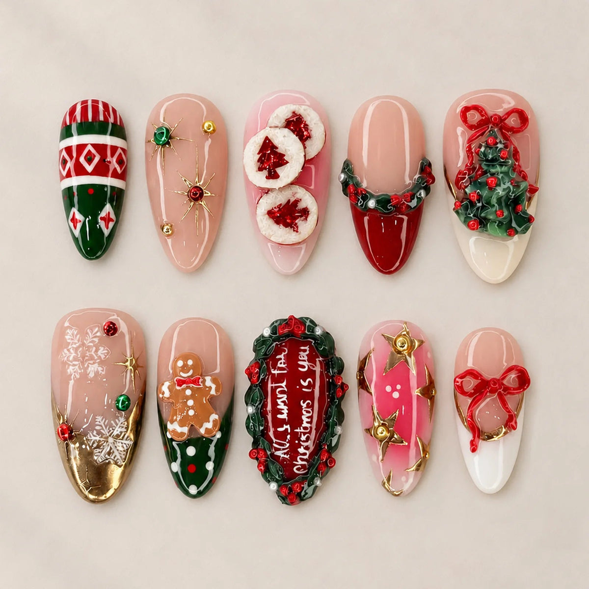 Christmas Gingerbread, Wreath and Bow Nail Set in Red, Green and Nude Pink