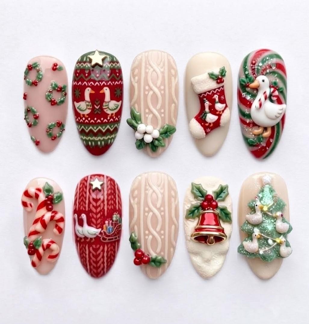 Christmas Goose, Candy Cane, Tree and Cable-Knit Press-On Nail Set