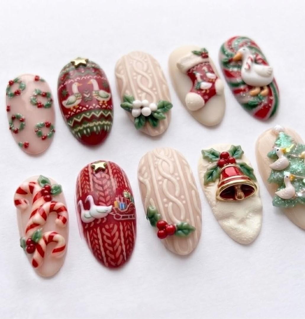 Christmas Goose, Candy Cane, Tree and Cable-Knit Press-On Nail Set