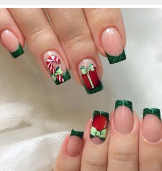 Christmas Green Glitter French Tip Nails With Holly, Candy Canes and Bows