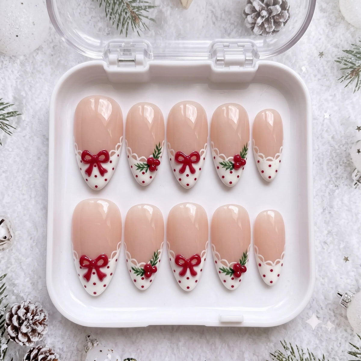 Christmas Holly Berry and Red Bow French Tip Nails