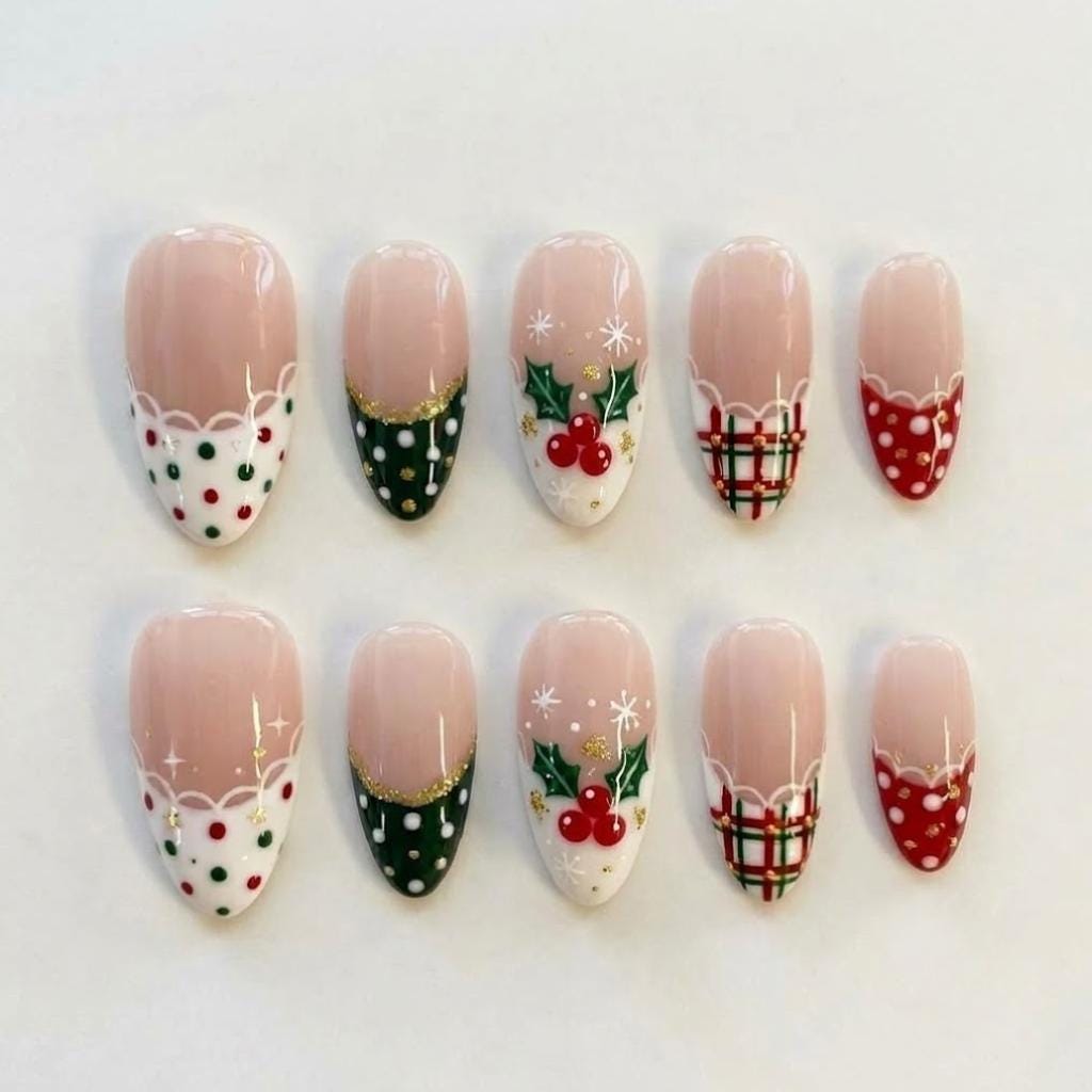 Christmas Holly Berry French Tip Press On Nails with Plaid and Polka Dot Details