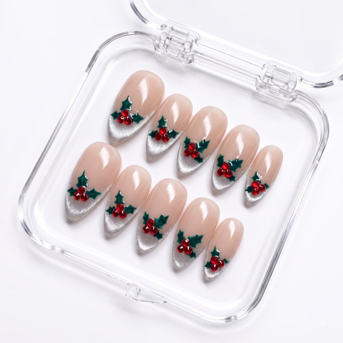 Christmas Holly Berry Press On Nails With Silver Glitter French Tips