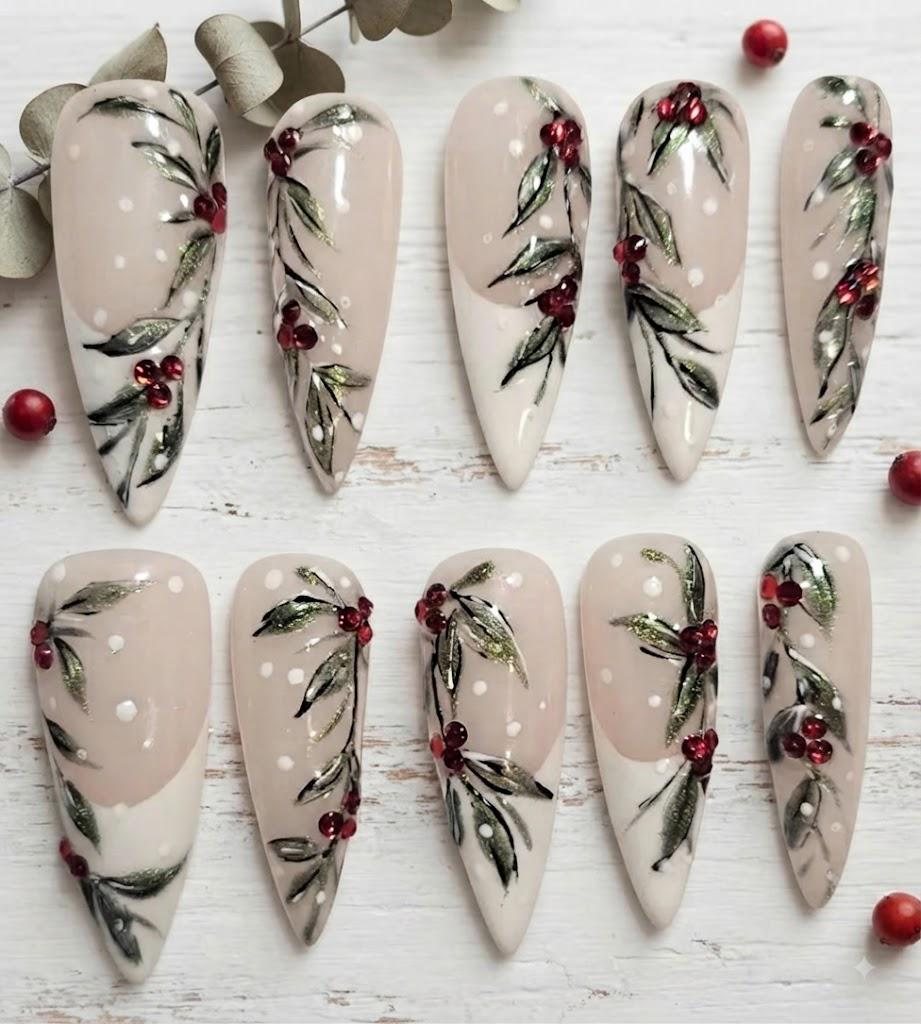 Christmas Holly French Tip Press On Nails With Red Rhinestone Berries