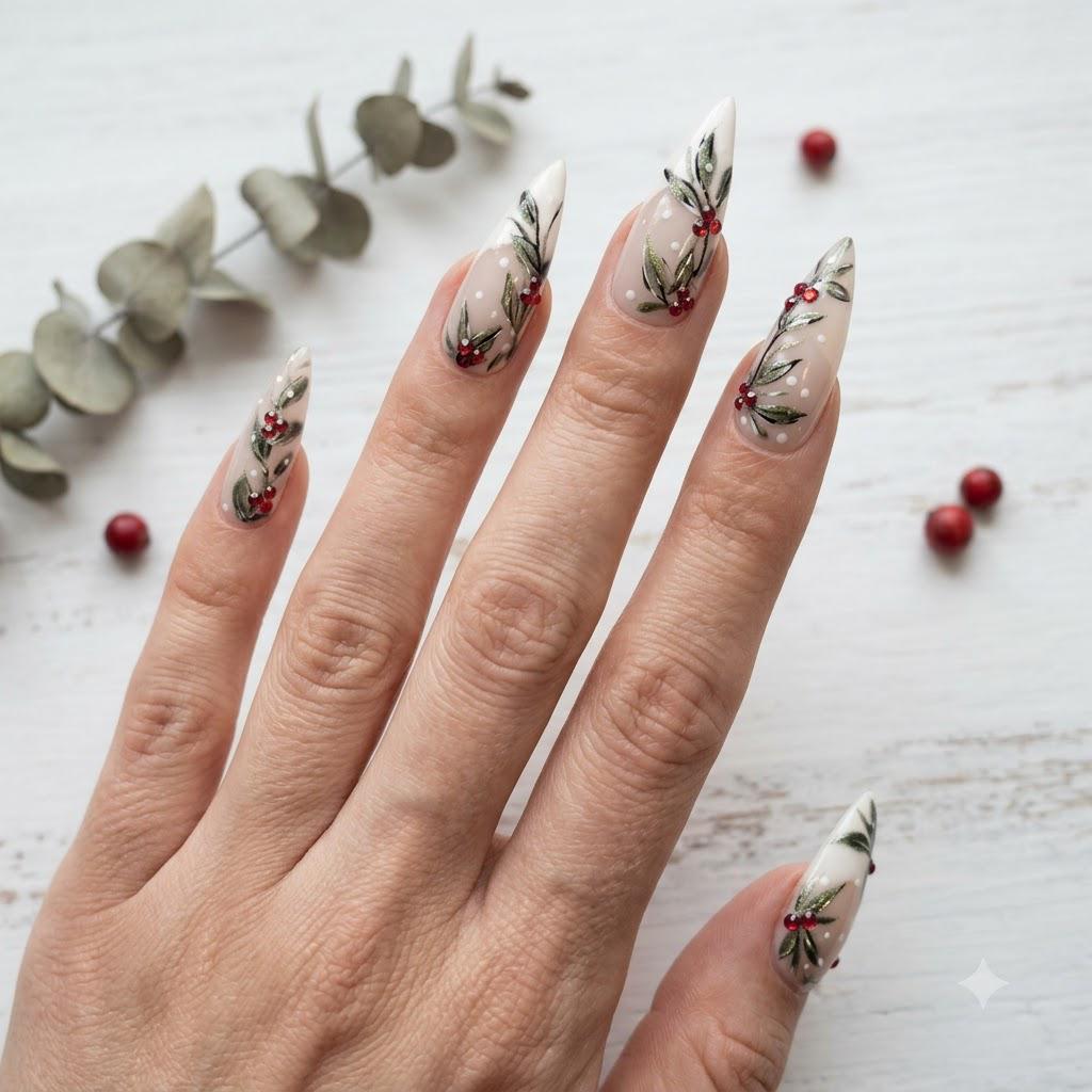 Christmas Holly French Tip Press On Nails With Red Rhinestone Berries