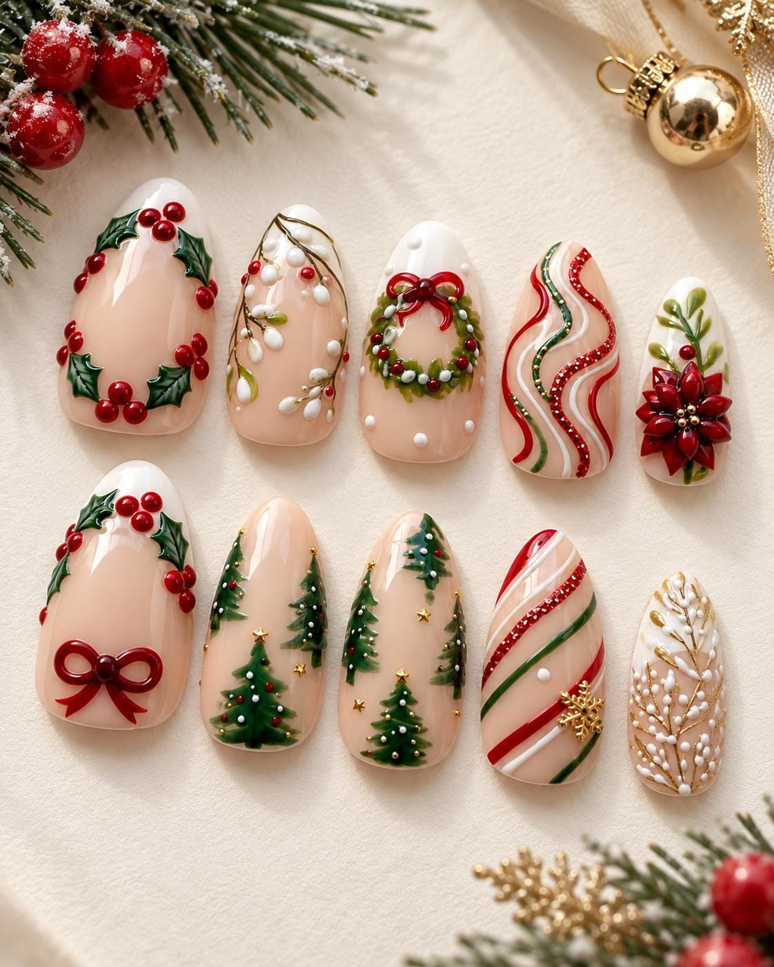 Christmas Holly, Wreath, Poinsettia and Tree Nail Set