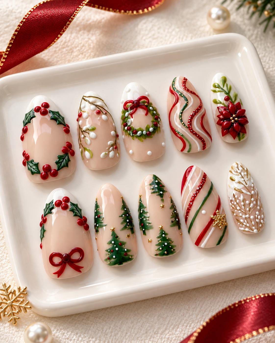 Christmas Holly, Wreath, Poinsettia and Tree Nail Set