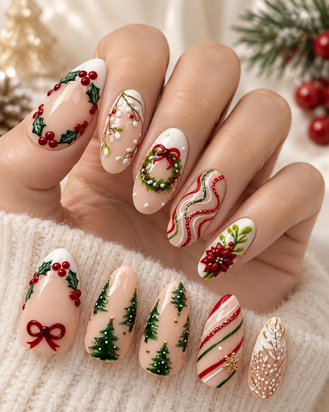 Christmas Holly, Wreath, Poinsettia and Tree Nail Set