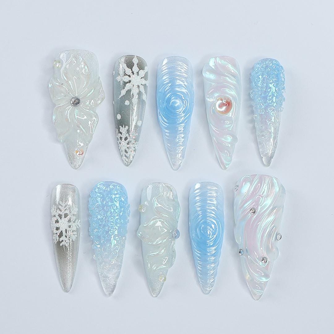 Christmas Icy Blue and Pearly White 3D Flower Snowflake Press-On Nails