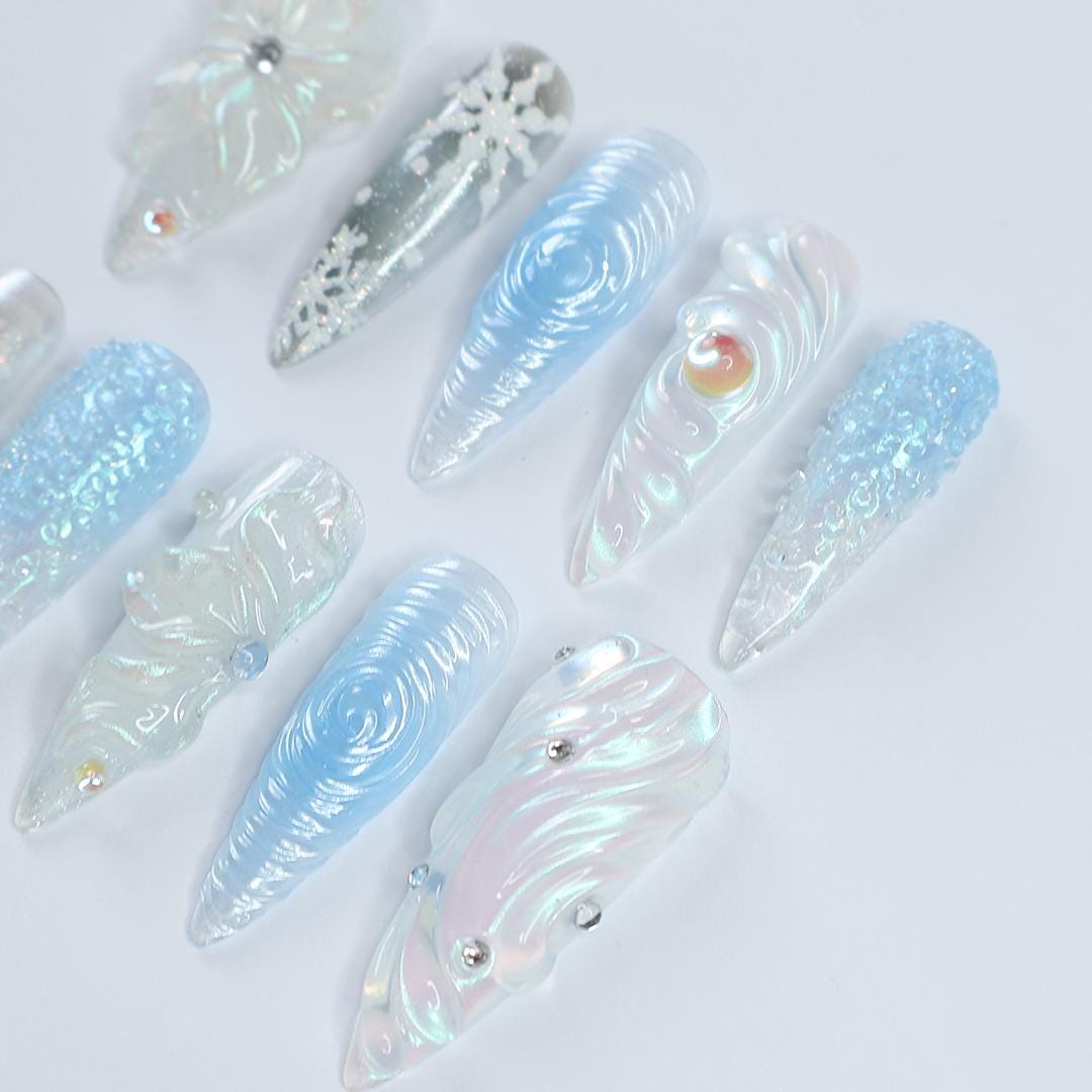 Christmas Icy Blue and Pearly White 3D Flower Snowflake Press-On Nails