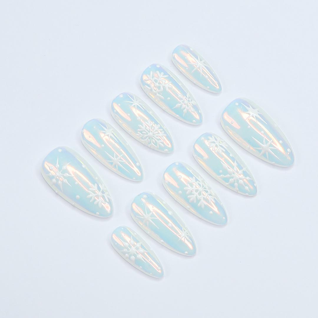 Christmas Icy Pale Blue Pearl Chrome Snowflake Press-On Nails