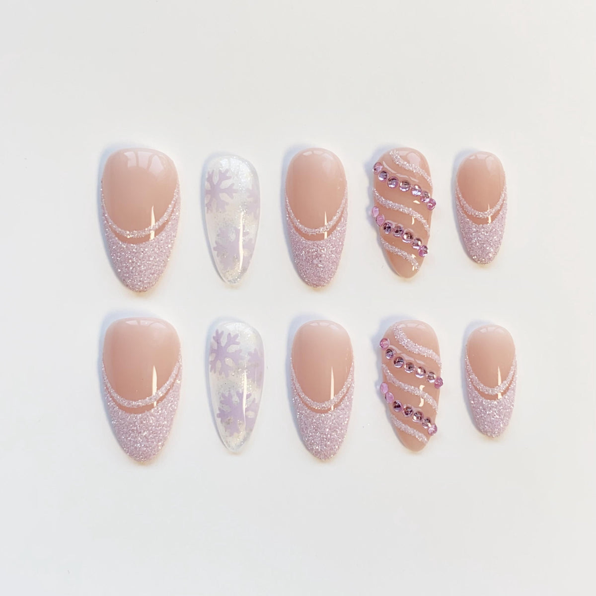 Christmas Lavender Glitter French Tip and Snowflake Press On Nails