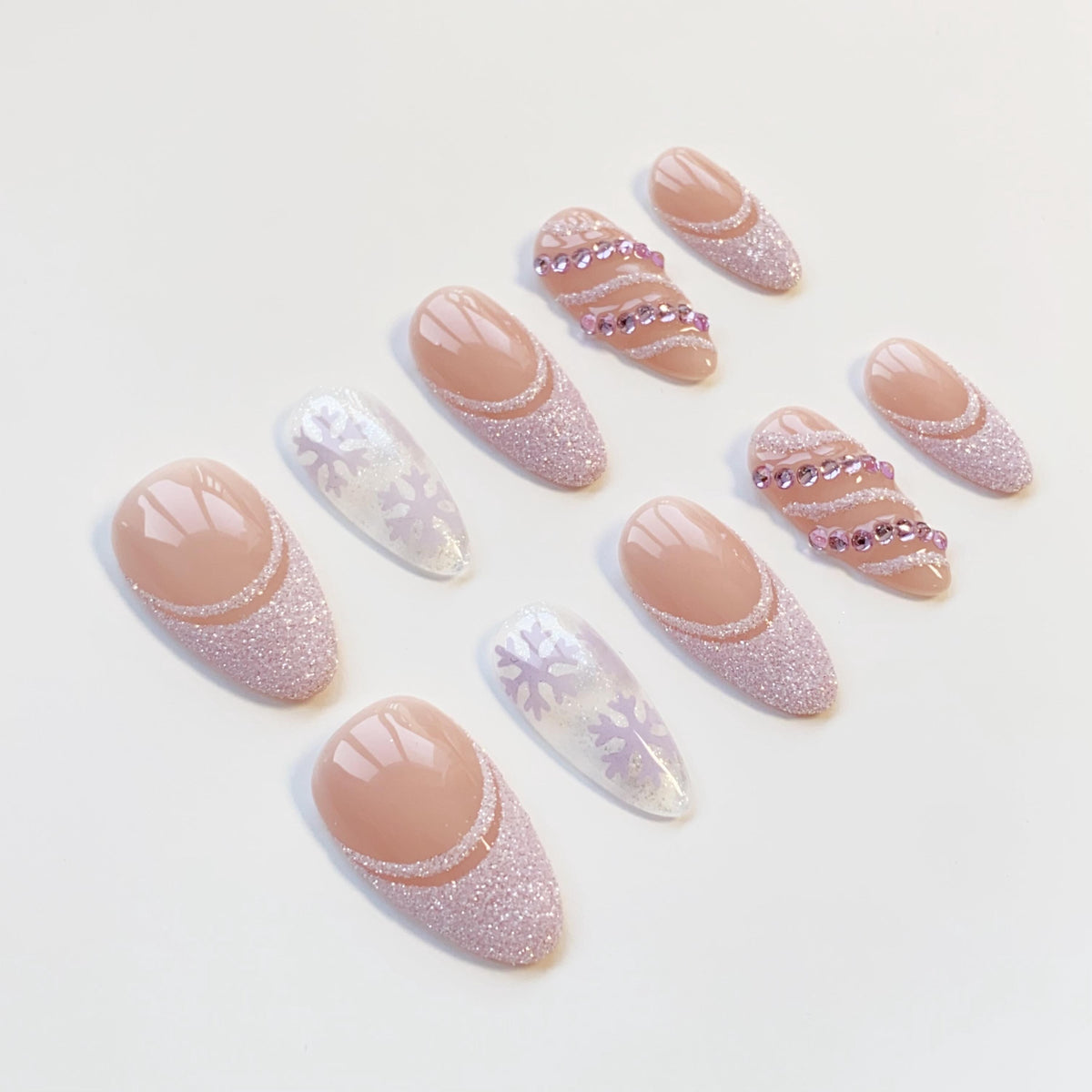 Christmas Lavender Glitter French Tip and Snowflake Press On Nails
