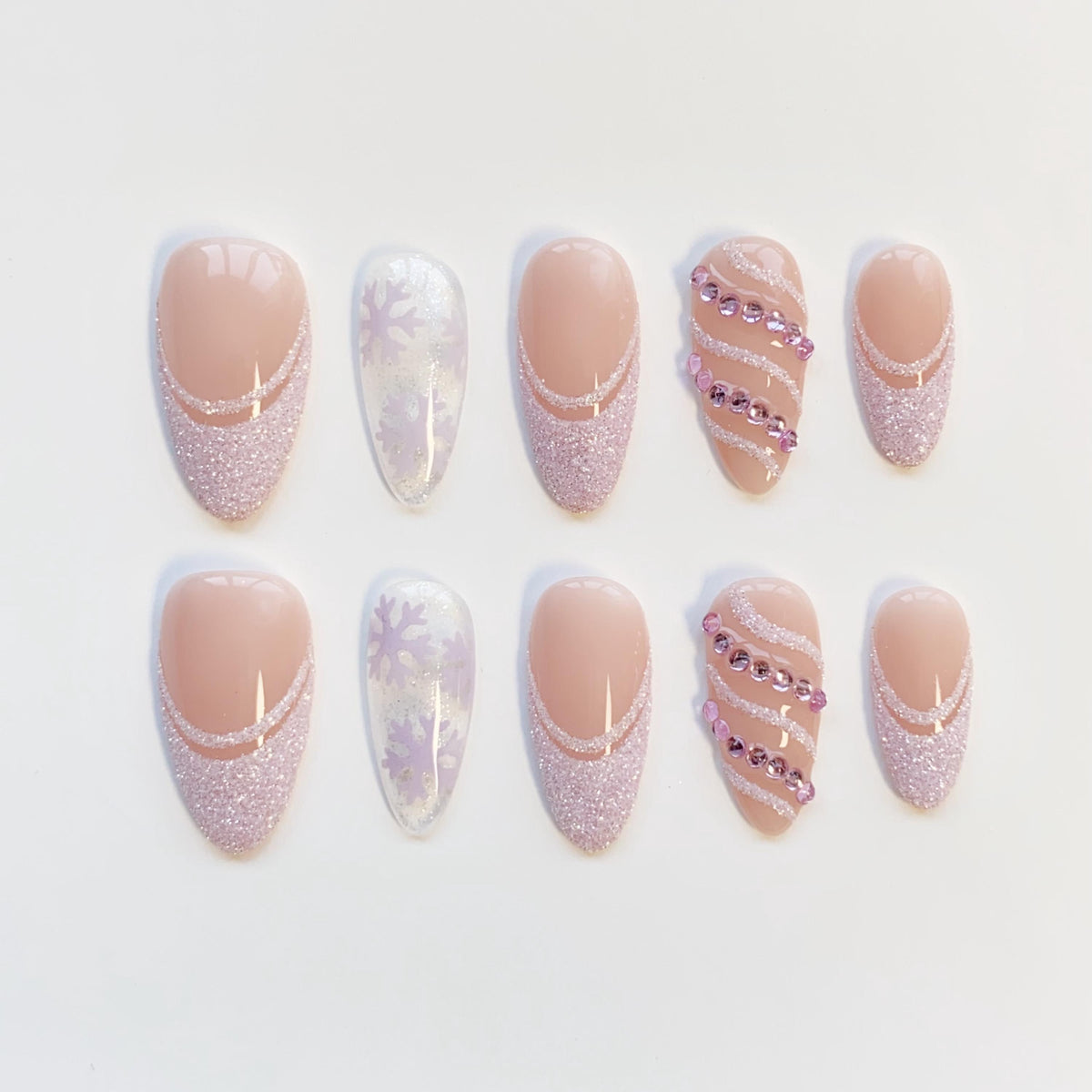 Christmas Lavender Glitter French Tip and Snowflake Press On Nails