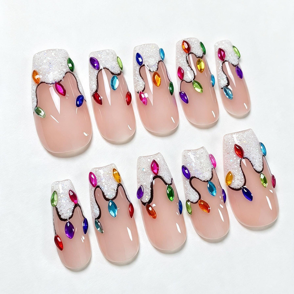 Christmas Light Nails With Glitter French Tips and Colorful Jewels