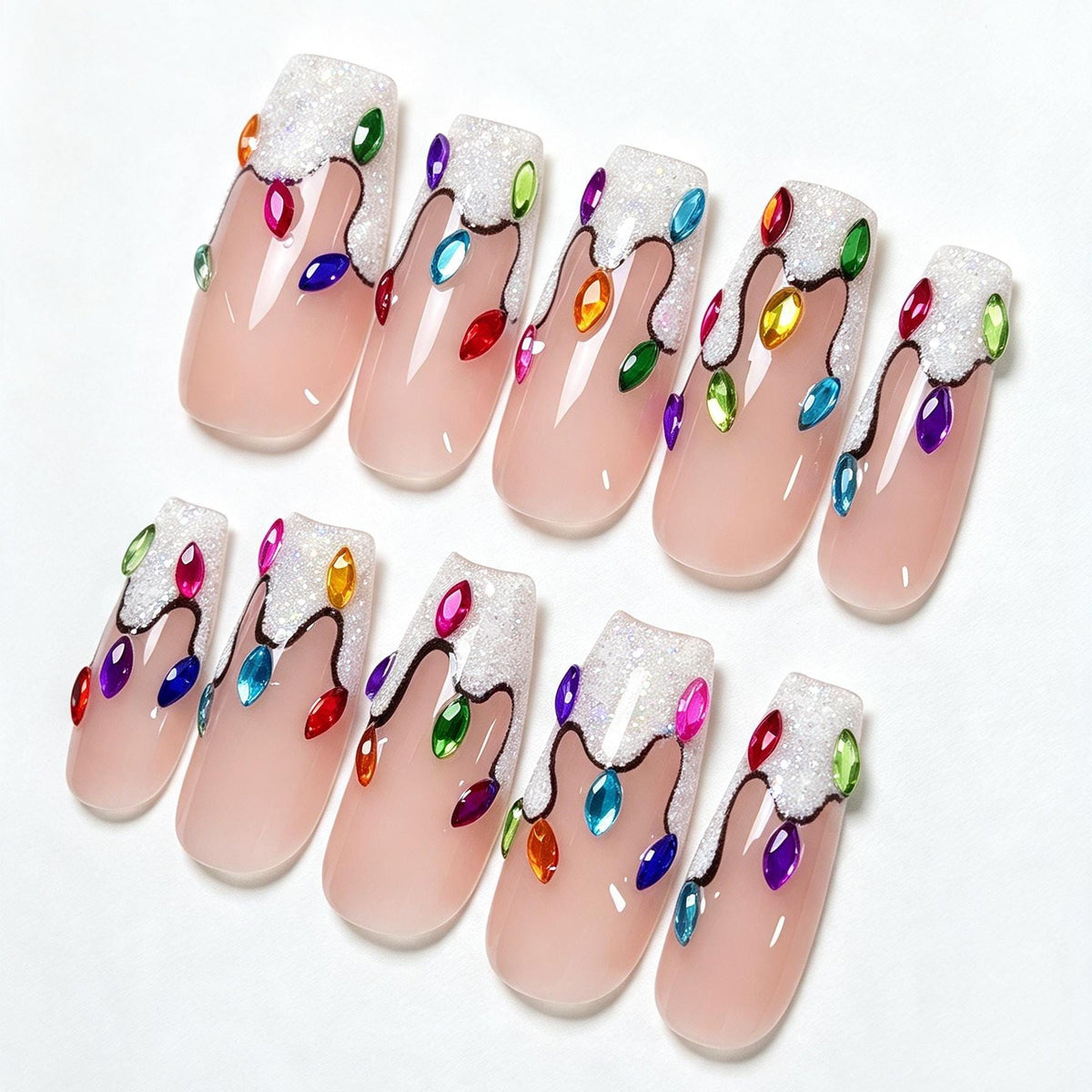 Christmas Light Nails With Glitter French Tips and Colorful Jewels