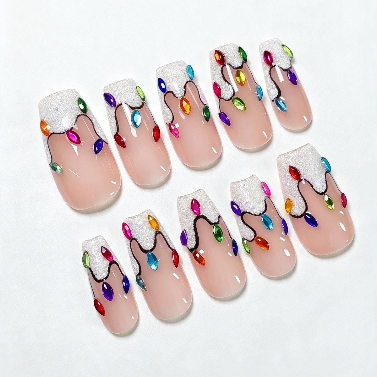 Christmas Light Nails With Glitter French Tips and Colorful Jewels