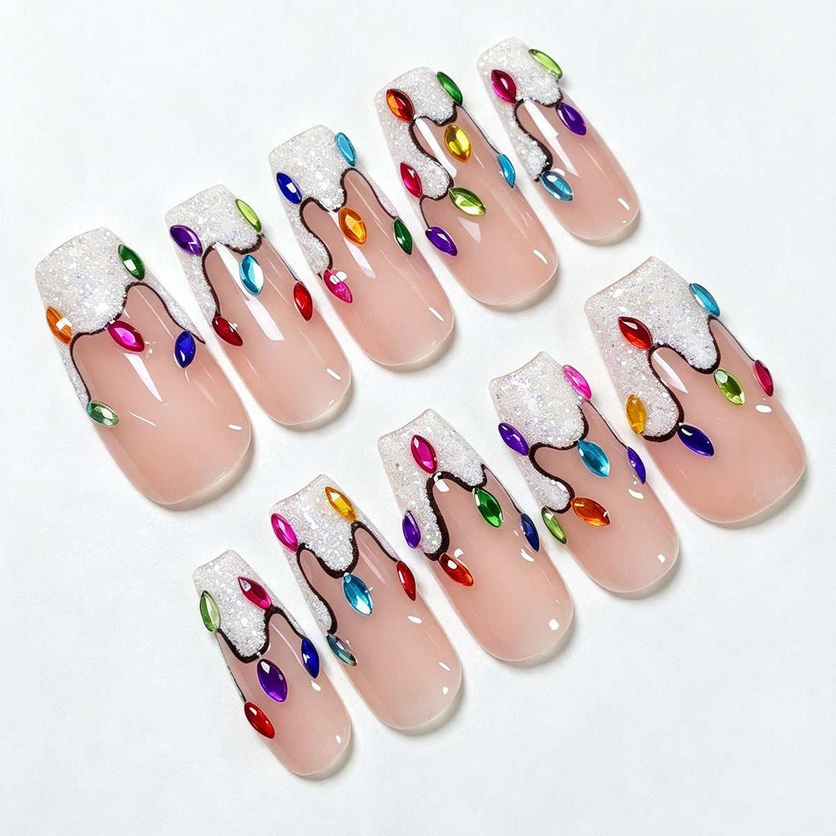 Christmas Light Nails With Glitter French Tips and Colorful Jewels