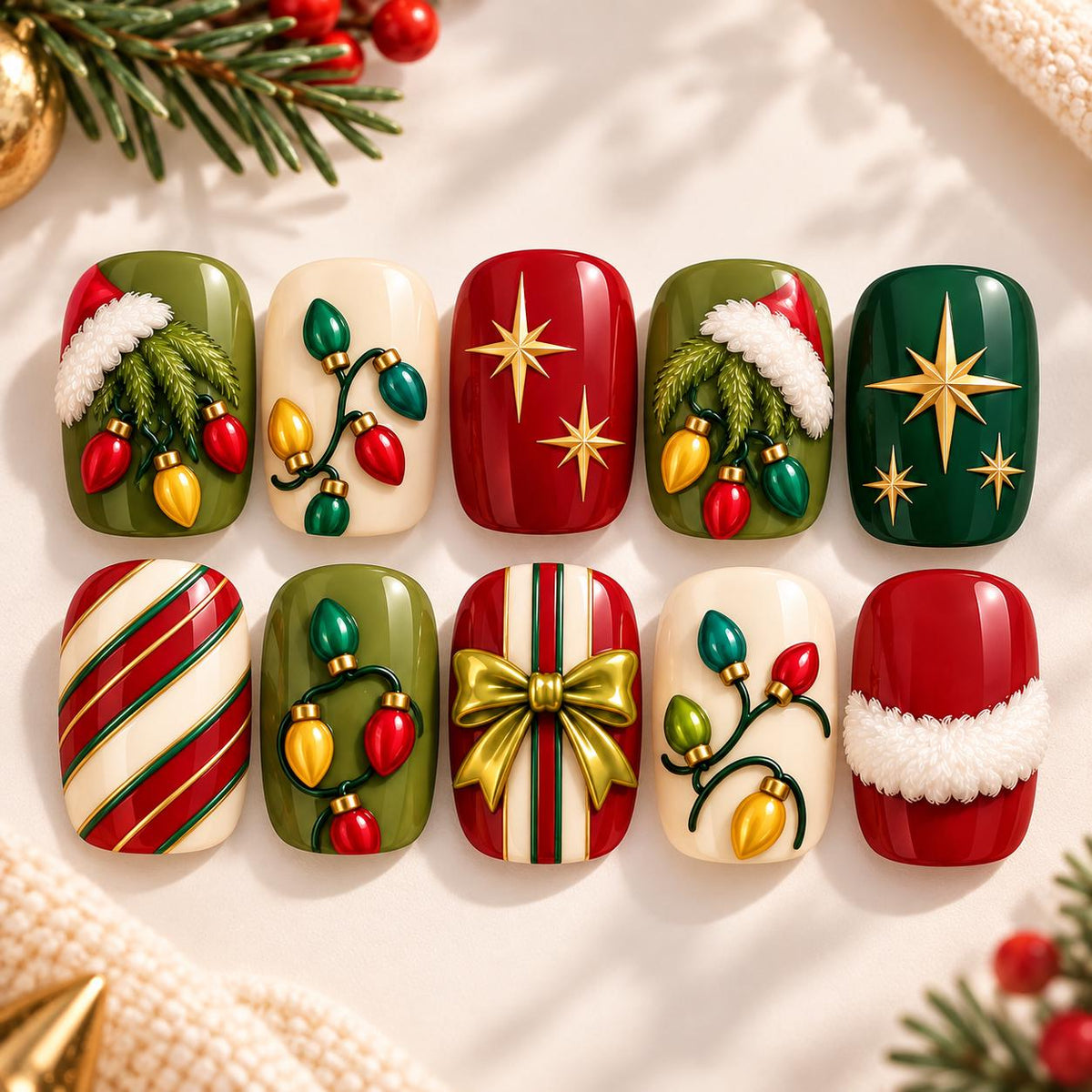 Christmas Light Press-On Nails with Gold Stars, Candy Cane Stripes and Bow