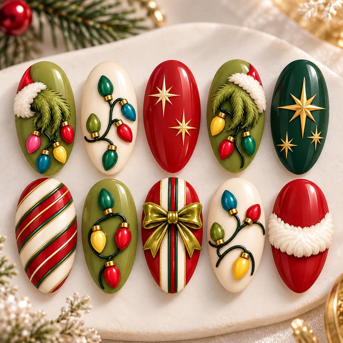 Christmas Light Press-On Nails with Gold Stars, Candy Cane Stripes and Bow